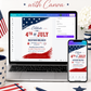 Editable 4th of July backyard BBQ bash invitation Canva template with navy and red brushstroke flag elements, distressed red display lettering, BBQ grill icon, fireworks graphic, and flowing script on a white background