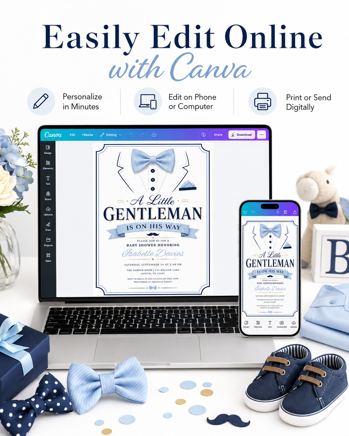 Little gentleman baby shower invitation with blue bow tie, tuxedo shirt details, navy buttons, pocket square, mustache, ribbon banner, and elegant baby boy design