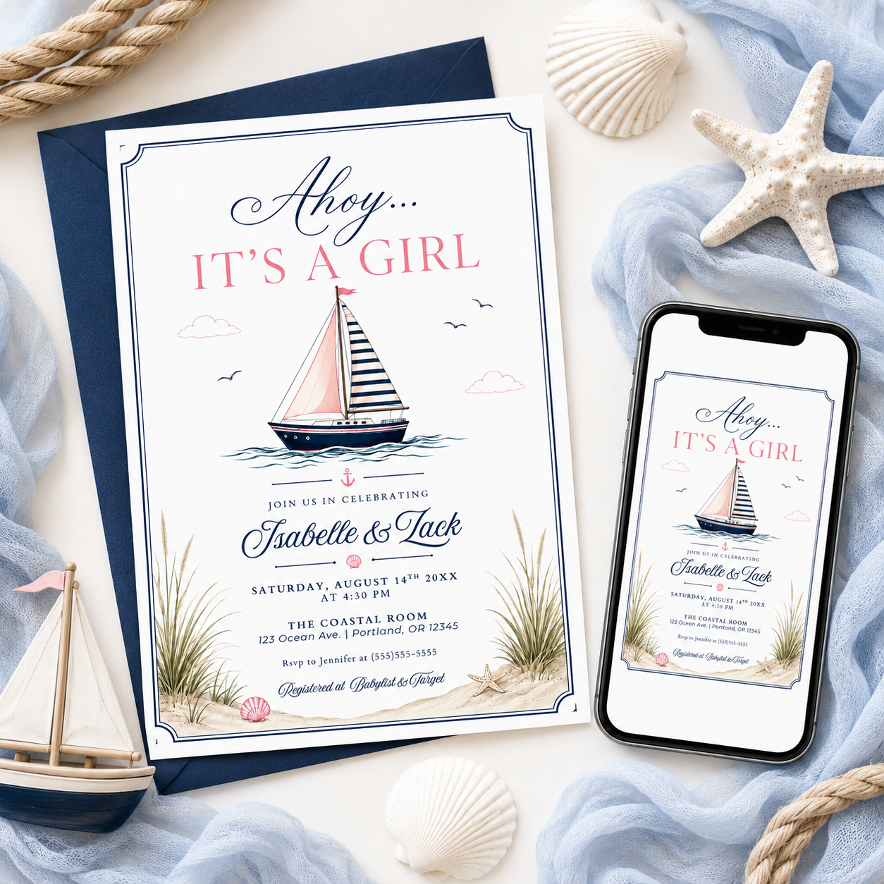Nautical girl baby shower invitation with a sailboat, seashells, and beach grass in navy and blush pink