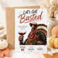 Friendsgiving invitation with Let’s Get Basted headline and illustrated turkey wearing sunglasses and holding a glass of red wine
