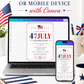 Editable 4th of July celebration invitation Canva template with waving American flag, bold red and navy display lettering, star accents, firework burst, and double border frame on a white background