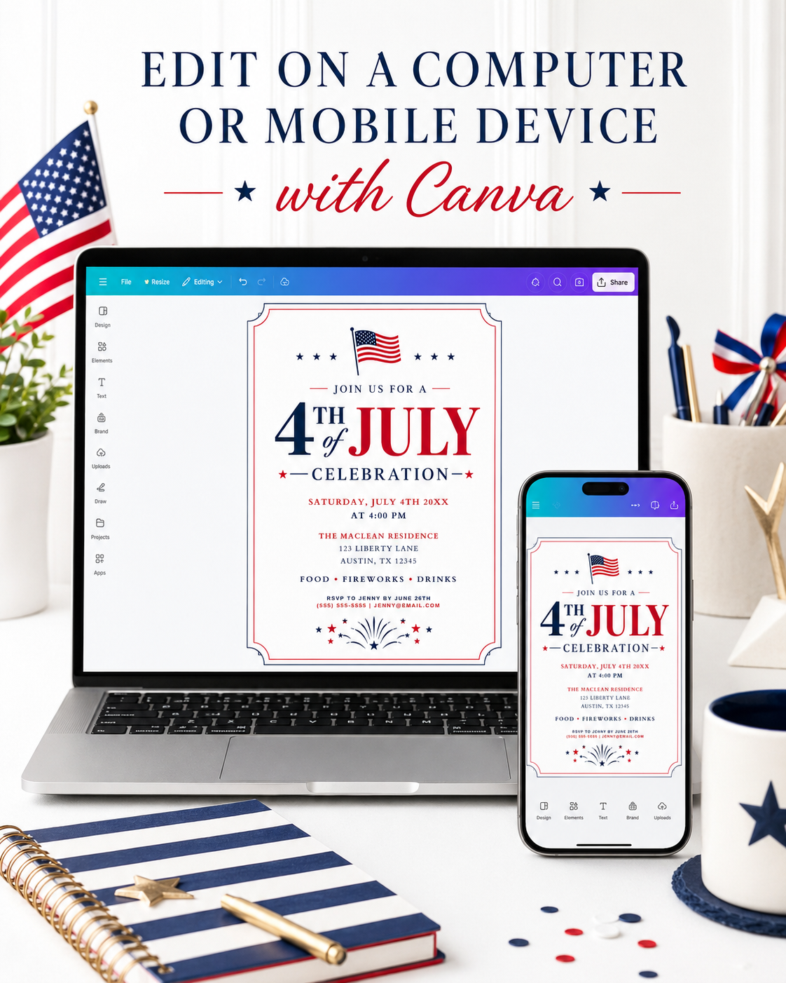 Editable 4th of July celebration invitation Canva template with waving American flag, bold red and navy display lettering, star accents, firework burst, and double border frame on a white background