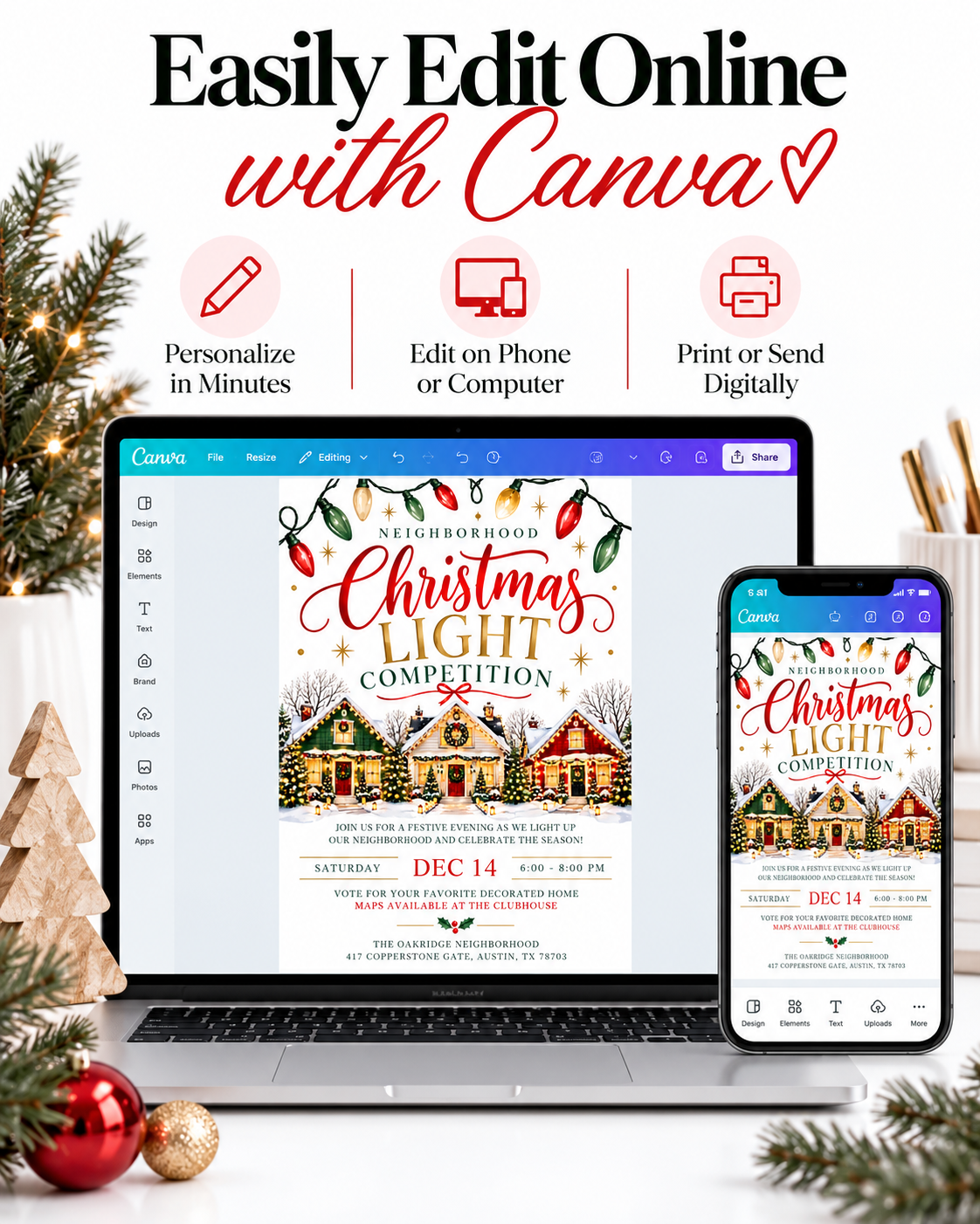 Christmas light competition invitation with three snow-covered homes decorated with glowing lights, wreaths, and garlands beneath red, green, and gold string lights