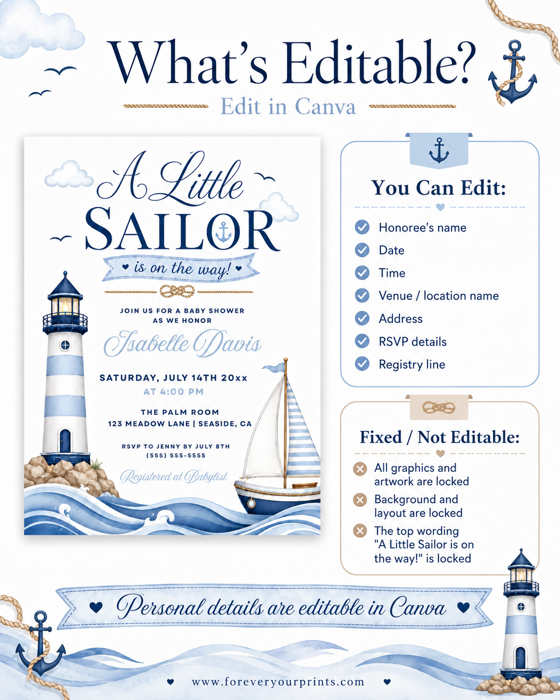 Little sailor nautical baby shower invitation with a lighthouse, sailboat, and ocean waves in navy and light blue