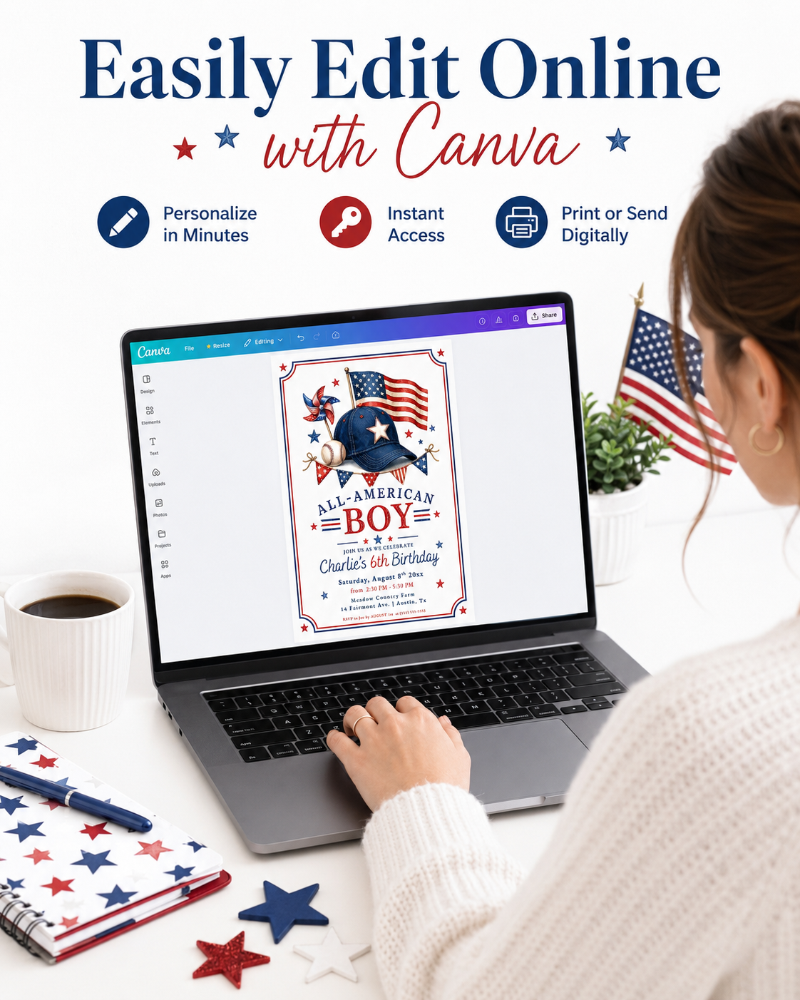 All-American boy birthday invitation featuring a navy baseball cap, American flag, baseball, pinwheel, bunting and red, white and blue stars.