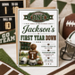 First Year Down first birthday invitation with little football player, scoreboard, helmet, football, and green brown football party details