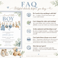 Editable boy baby shower invitation Canva template with watercolour clothesline scene featuring denim overalls, knit bonnet, booties, toy airplane, wooden pull dog, and teddy bear with eucalyptus border on a white background