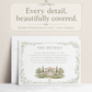 Sage green botanical vine wedding stationery suite showing invitation, details enclosure card, and folded thank you card with watercolor estate illustration, editable in Canva
