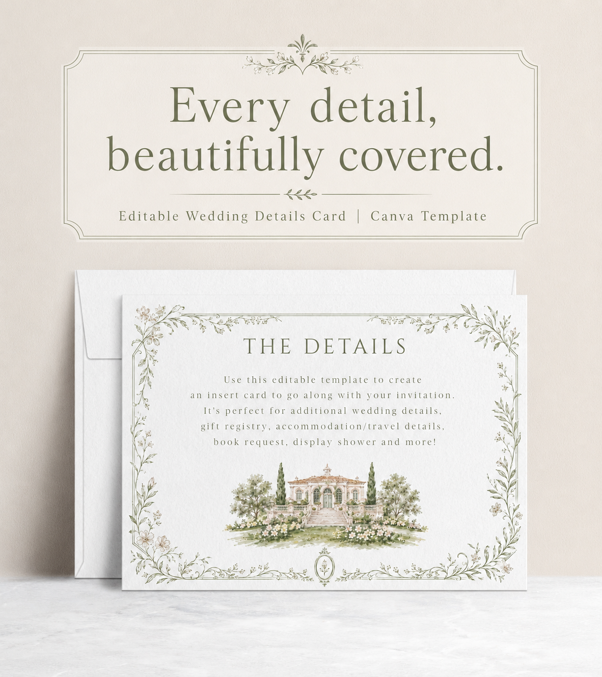 Sage green botanical vine wedding stationery suite showing invitation, details enclosure card, and folded thank you card with watercolor estate illustration, editable in Canva
