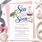 Editable sea you soon girl baby shower invitation Canva template with watercolour sea turtle with pink bow, pink striped sailboat, life ring, starfish, and navy and pink typography on a white background