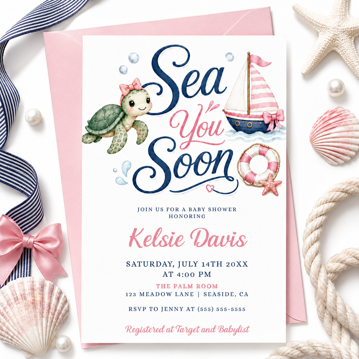 Editable sea you soon girl baby shower invitation Canva template with watercolour sea turtle with pink bow, pink striped sailboat, life ring, starfish, and navy and pink typography on a white background