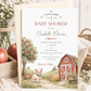 Little farm baby shower invitation with red barn, apple tree, piglet, hay bale, flower cart, rolling hills, fence, wildflowers, and soft farmhouse details