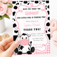 Cow print girl birthday invitation with a cartoon cow, cow spots, and pink gingham in black, white, and pink