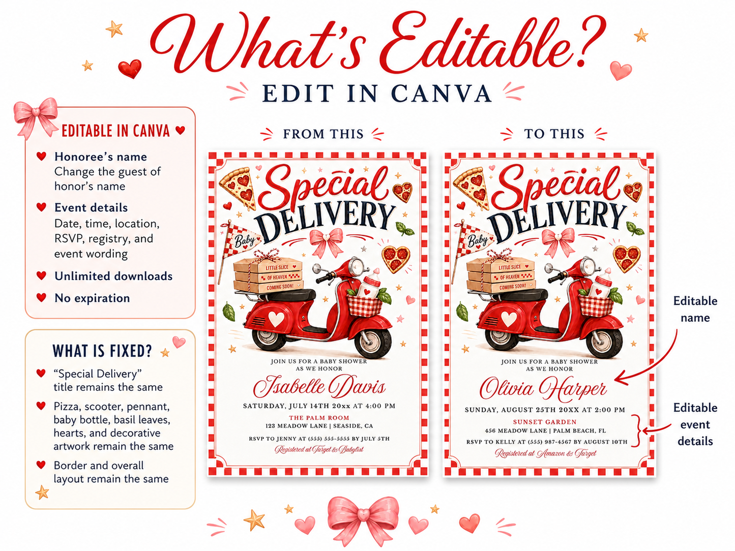 Editable pizza baby shower invitation Canva template with retro Italian pizzeria style, red scooter, pizza boxes, heart shaped pizza, red gingham border, and bold red and navy typography on a cream background