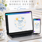 Editable here comes the son baby shower round thank you sticker Canva template with smiling sun, blue toy airplane, fluffy clouds, and gold and blue star accents on a cream background