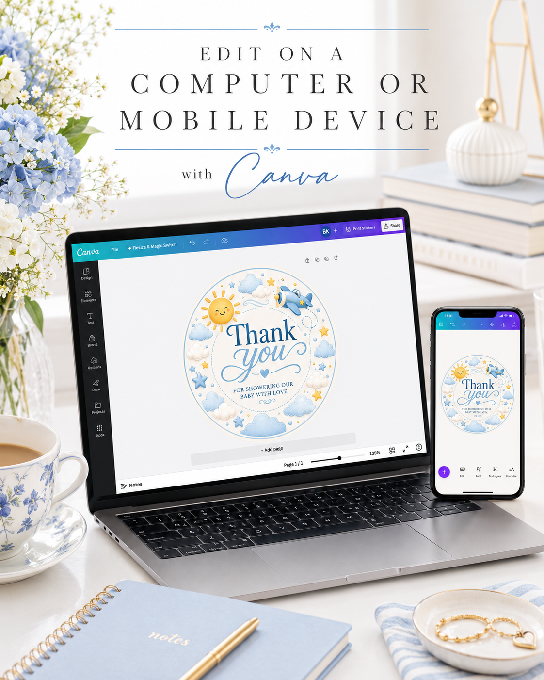 Editable here comes the son baby shower round thank you sticker Canva template with smiling sun, blue toy airplane, fluffy clouds, and gold and blue star accents on a cream background