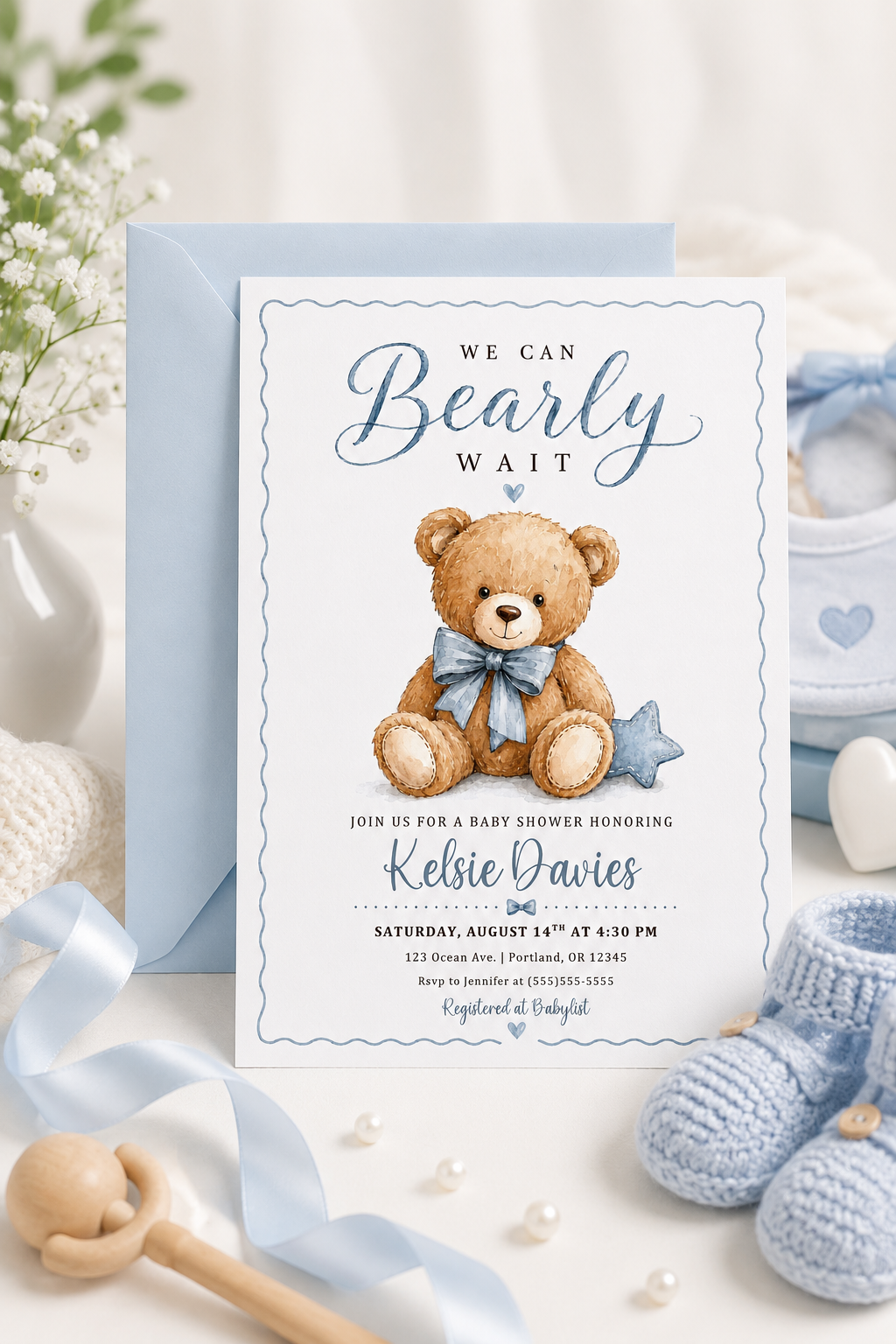 We can bearly wait baby shower invitation with watercolor teddy bear, blue bow tie, stitched star pillow, scalloped border, and soft blue baby boy details