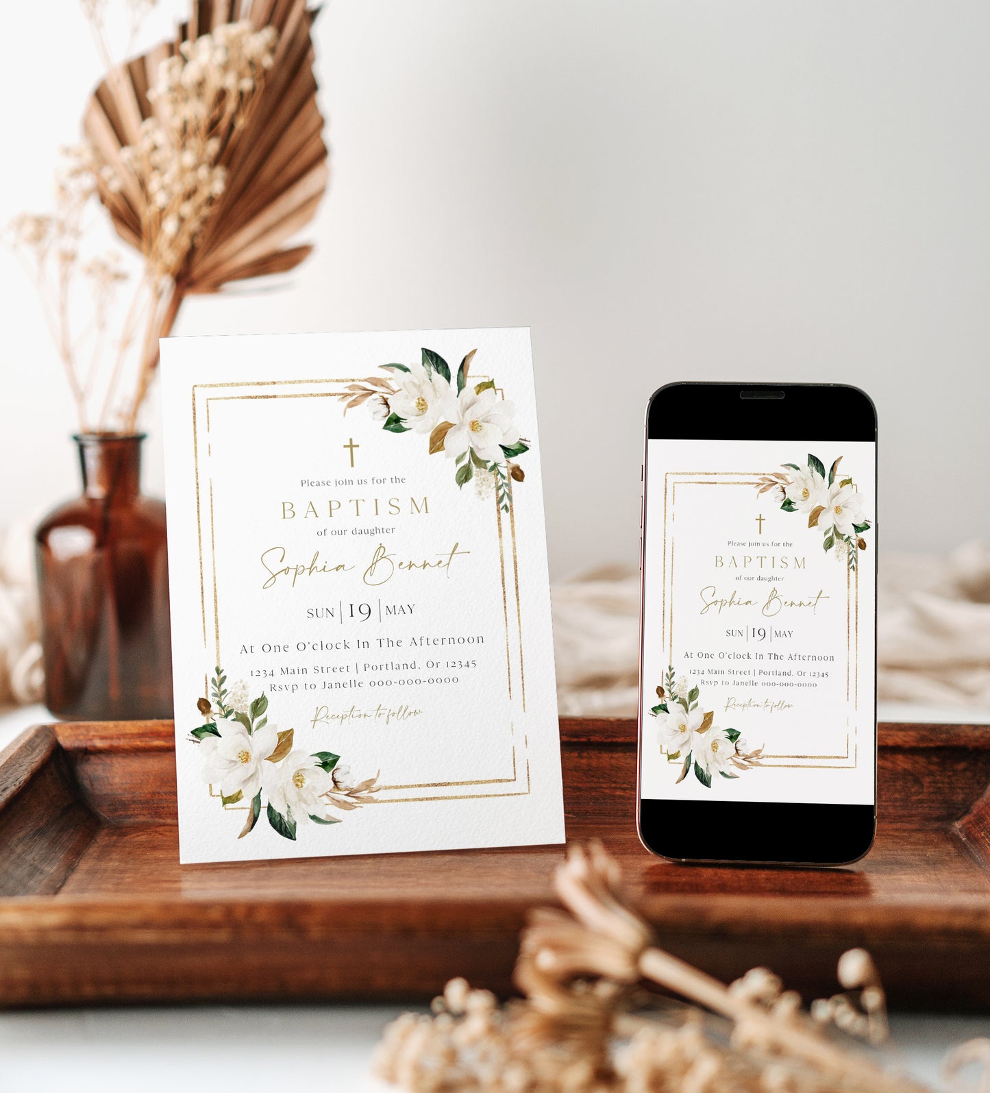 White magnolia and gold frame baptism invitation template with watercolor magnolia blooms and gold glitter border, editable in Canva