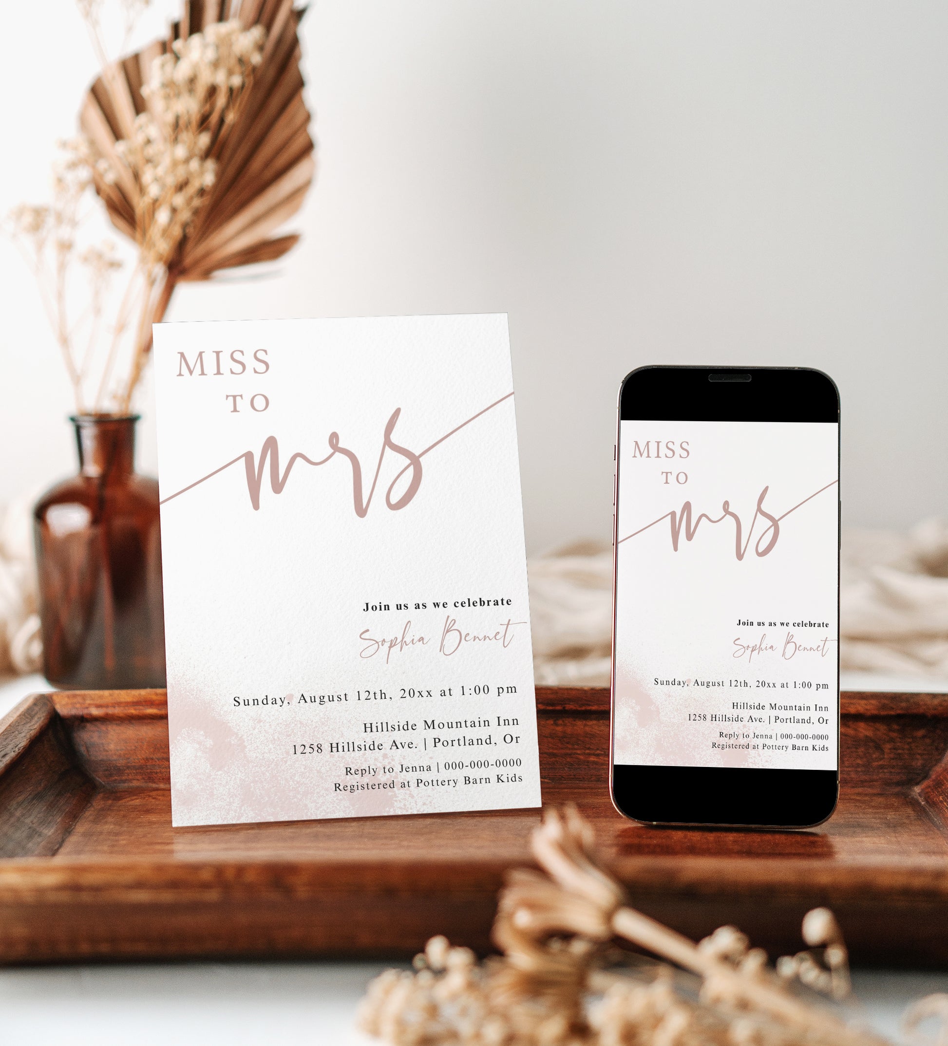 Latte toned Miss to Mrs bridal shower invitation template with dusty rose calligraphy script and watercolor wash, editable in Canva