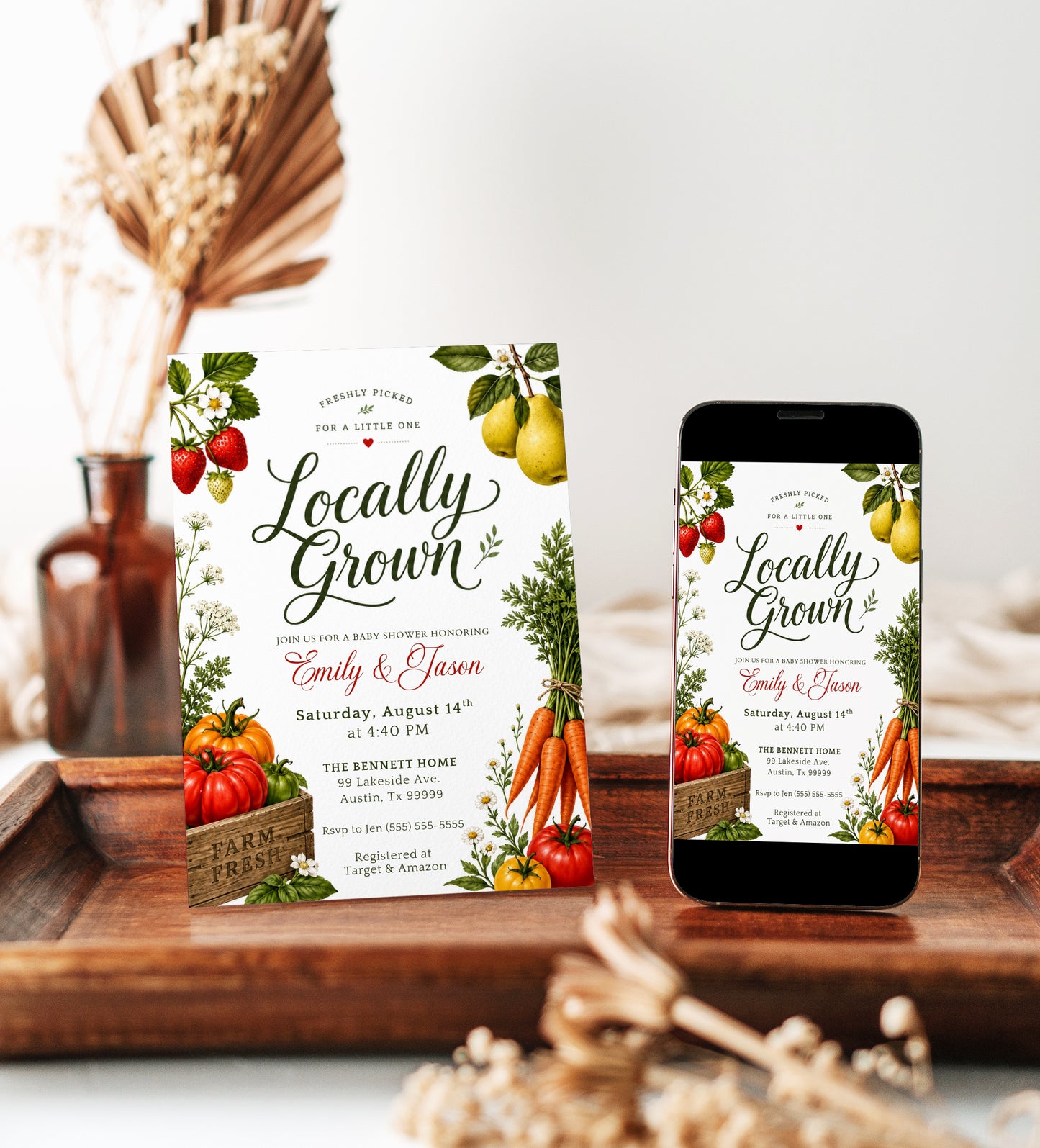 Locally grown baby shower invitation with garden vegetables, fruit, and a farm fresh crate in green, red, and orange