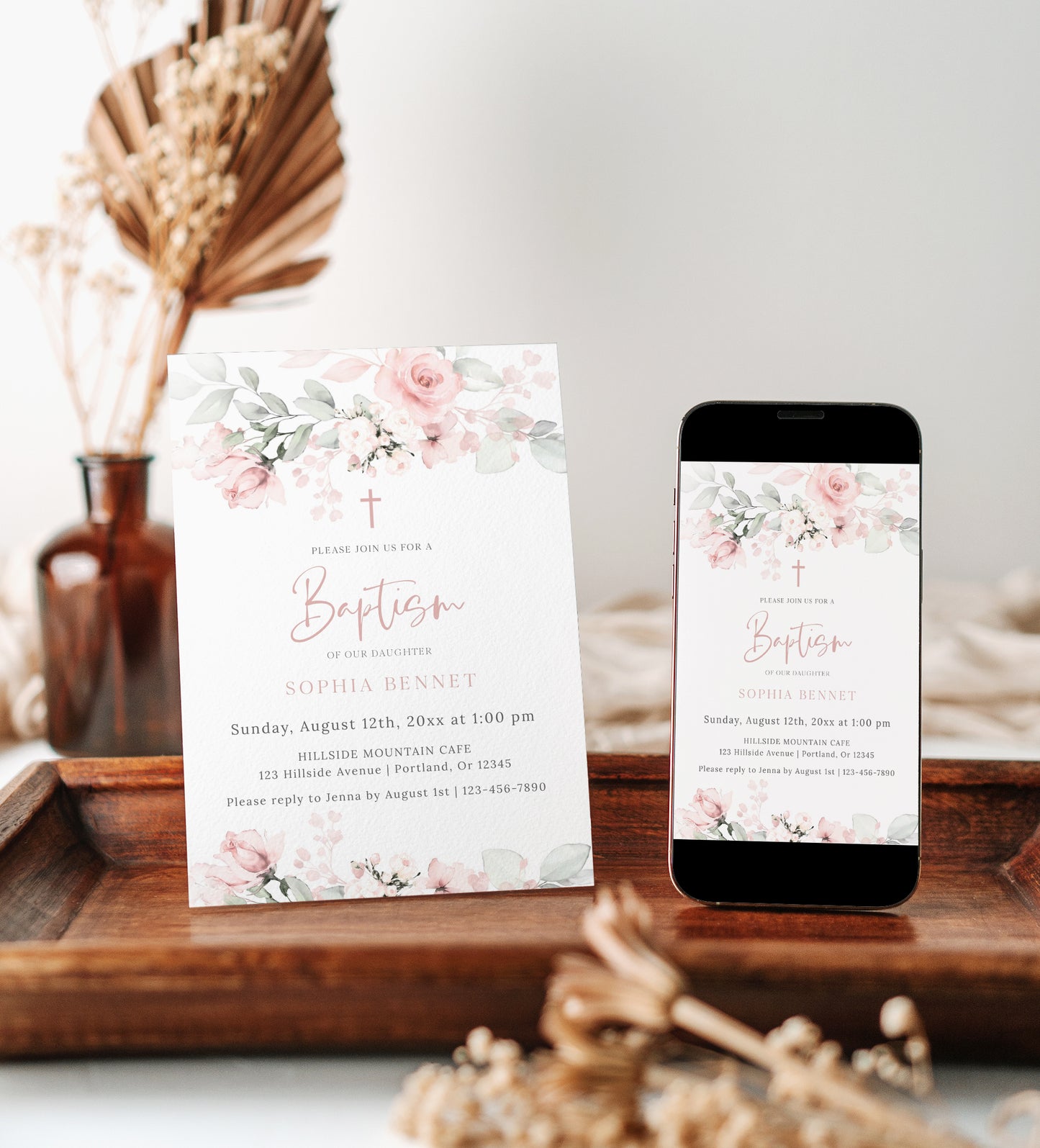 
Blush pink floral girl baptism invitation template with watercolor roses, sage greenery, and rose gold cross, editable in Canva