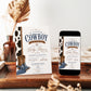 Editable cowboy baby shower invitation Canva template with cowhide side panel, leather cowboy boots, baby denim boots, bandana, horseshoe accent, and bold navy and brown distressed typography on a cream background