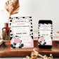 Cow print girl birthday invitation with a cartoon cow, cow spots, and pink gingham in black, white, and pink