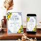 Lemon baby shower invitation with Mediterranean blue tiles and citrus in blue and yellow