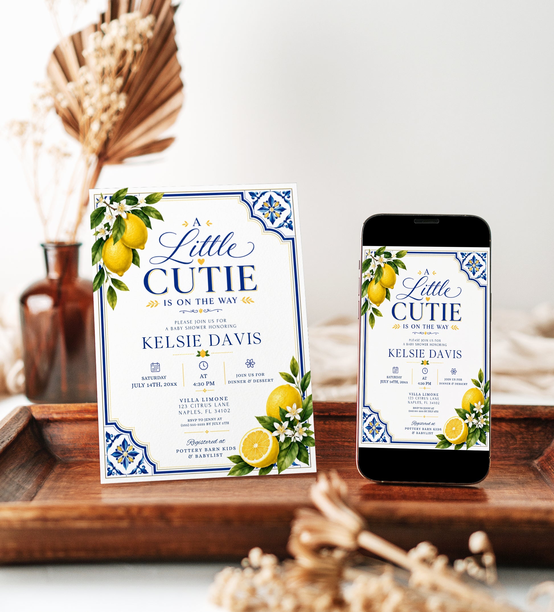 Lemon baby shower invitation with Mediterranean blue tiles and citrus in blue and yellow