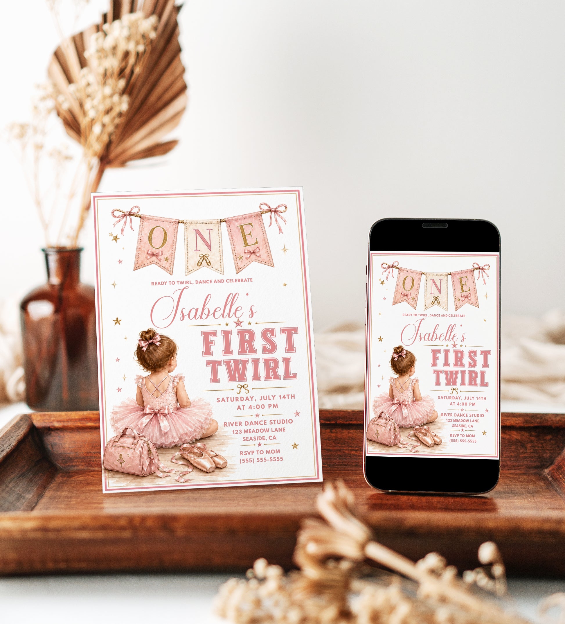 Dance first birthday invitation with little ballerina in pink tutu, ballet slippers, dance bag, bows, gold stars, ONE banner, and soft blush details