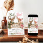 Buck or Doe gender reveal invitation with an antlered deer in a green bandana, a doe wearing a pink bow, rustic wooden sign, greenery, and pink and green ribbons
