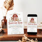 Barnyard bash farm birthday invitation with a red barn, calf, pig, and lamb in red, blue, and green