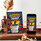 Superhero birthday invitation featuring comic book style boy and girl heroes, city skyline, POW and KAPOW graphics, stars and lightning bolts.
