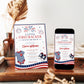 Editable firecracker baby shower invitation Canva template with illustrated fireworks, striped navy onesie, red and navy sneakers, stars and stripes banner, and bold patriotic typography on a white background
