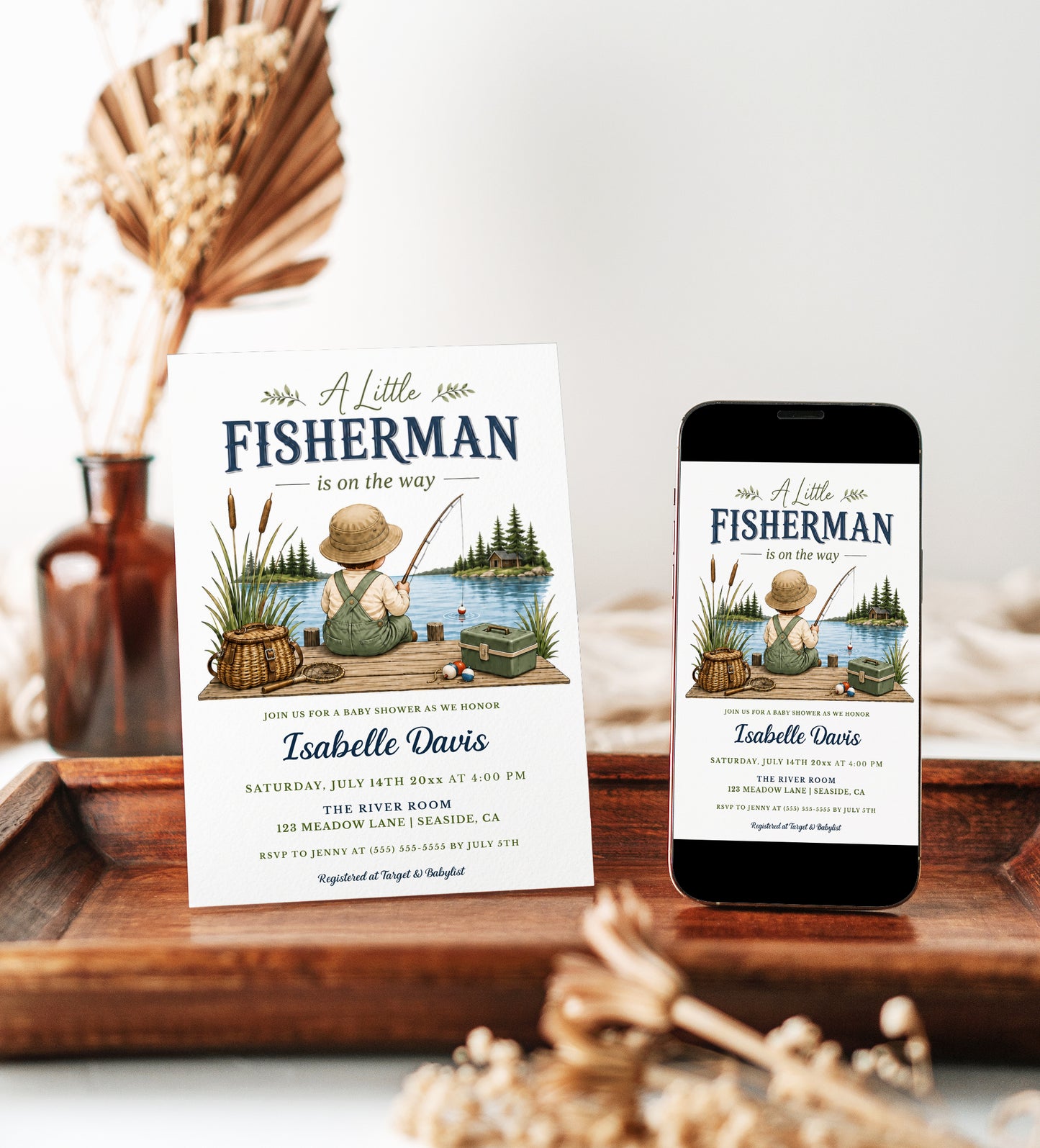 Gone fishing baby shower invitation with a little boy fishing on a dock by a lake in navy and green