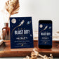 Rocket ship birthday party invitation with a rocket, moon, and planet on a navy and gold space background