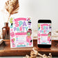 Girls spa birthday invitation featuring a pink robe, face mask, cucumber eye pads, nail polish, slippers, flowers and spa party graphics.
