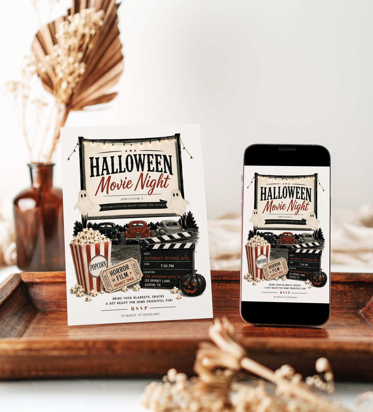 Halloween movie night invitation with vintage drive-in theater, classic cars, popcorn, horror film ticket, clapperboard, ghosts, and black jack-o-lantern