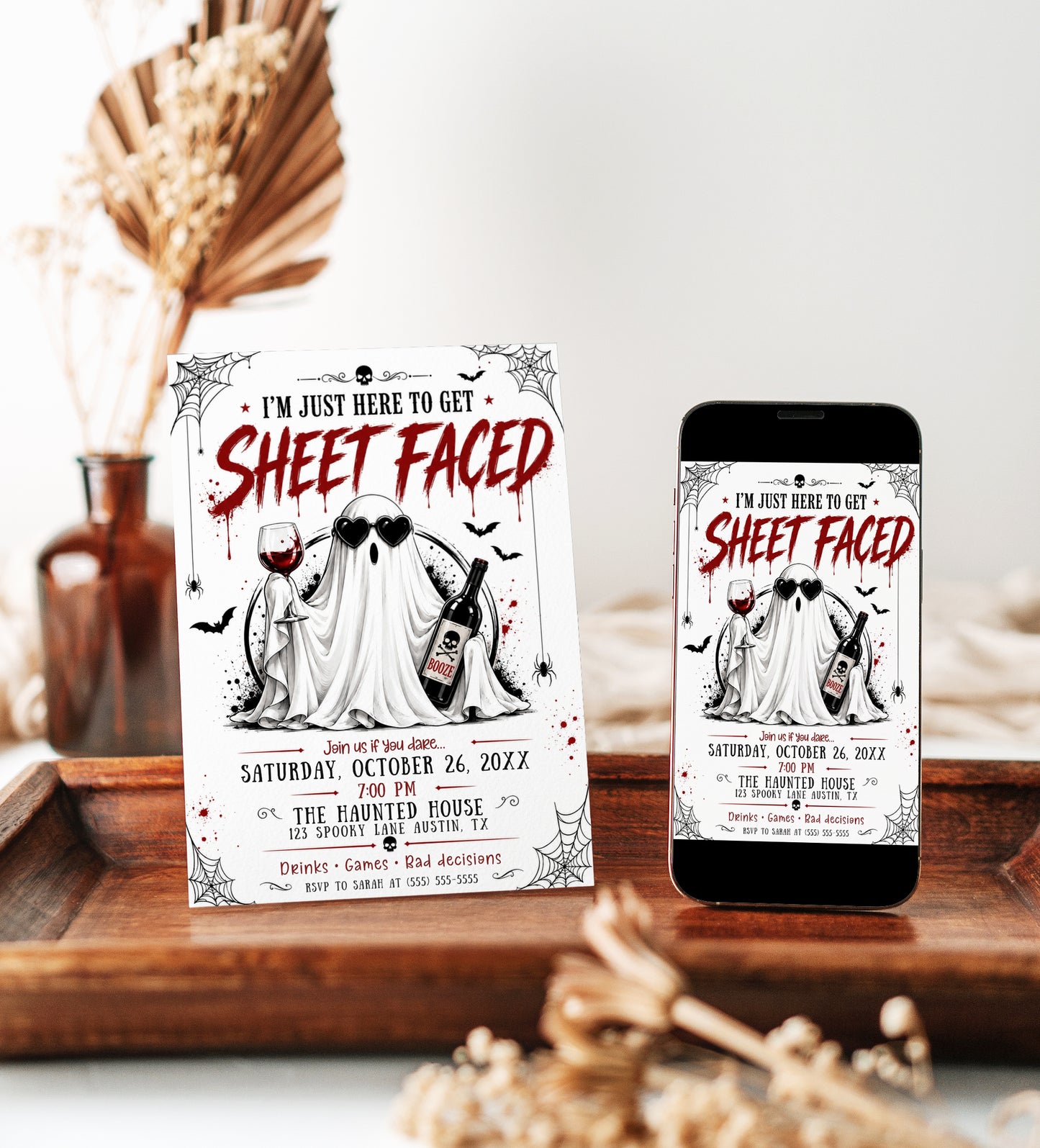 Sheet Faced Halloween party invitation with wine-drinking ghost, heart sunglasses, bats, spiders, skulls, and funny adult Halloween party details