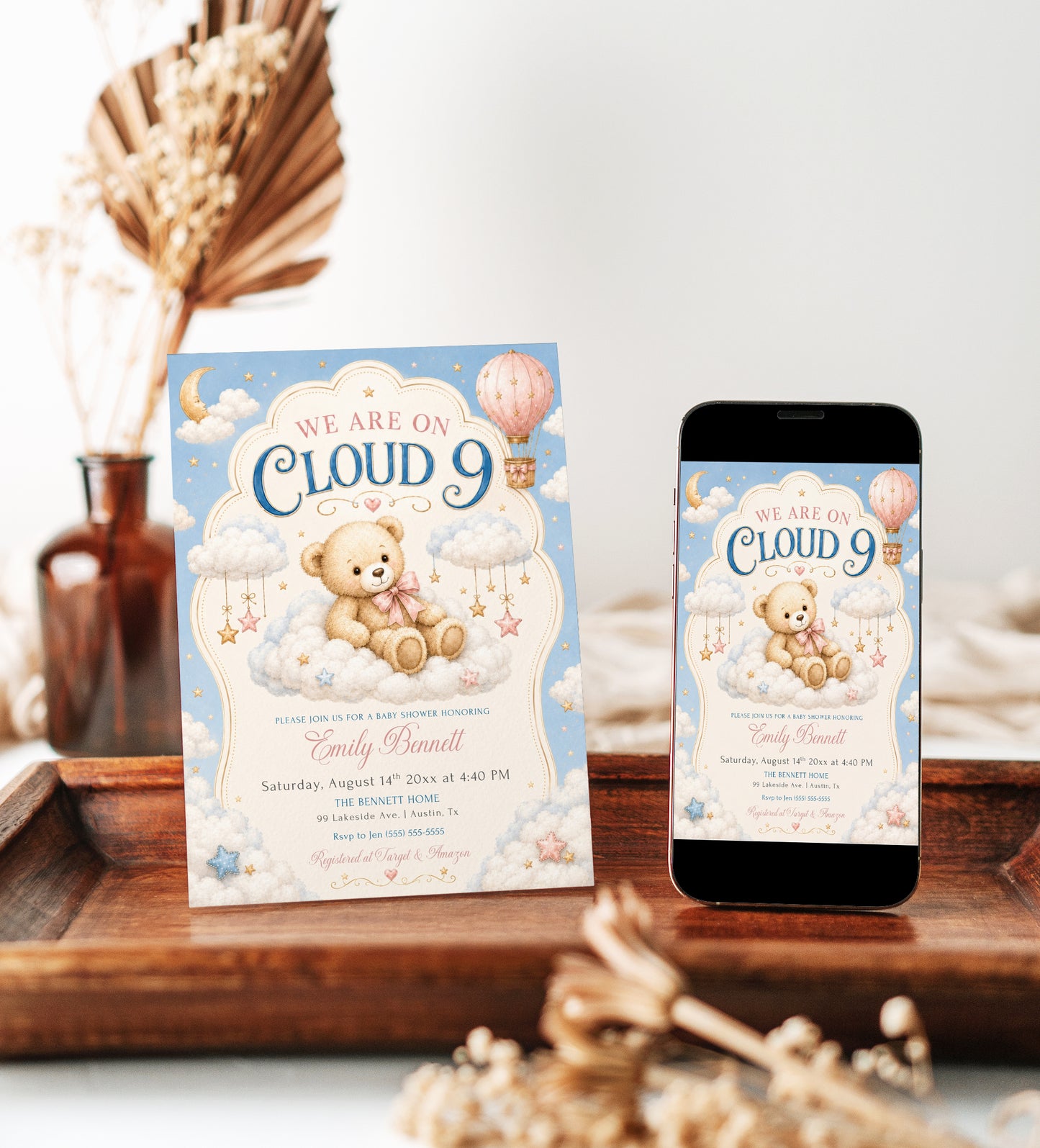 Cloud 9 baby shower invitation with a teddy bear on a cloud, hot air balloon, and stars in soft blue, pink, and gold