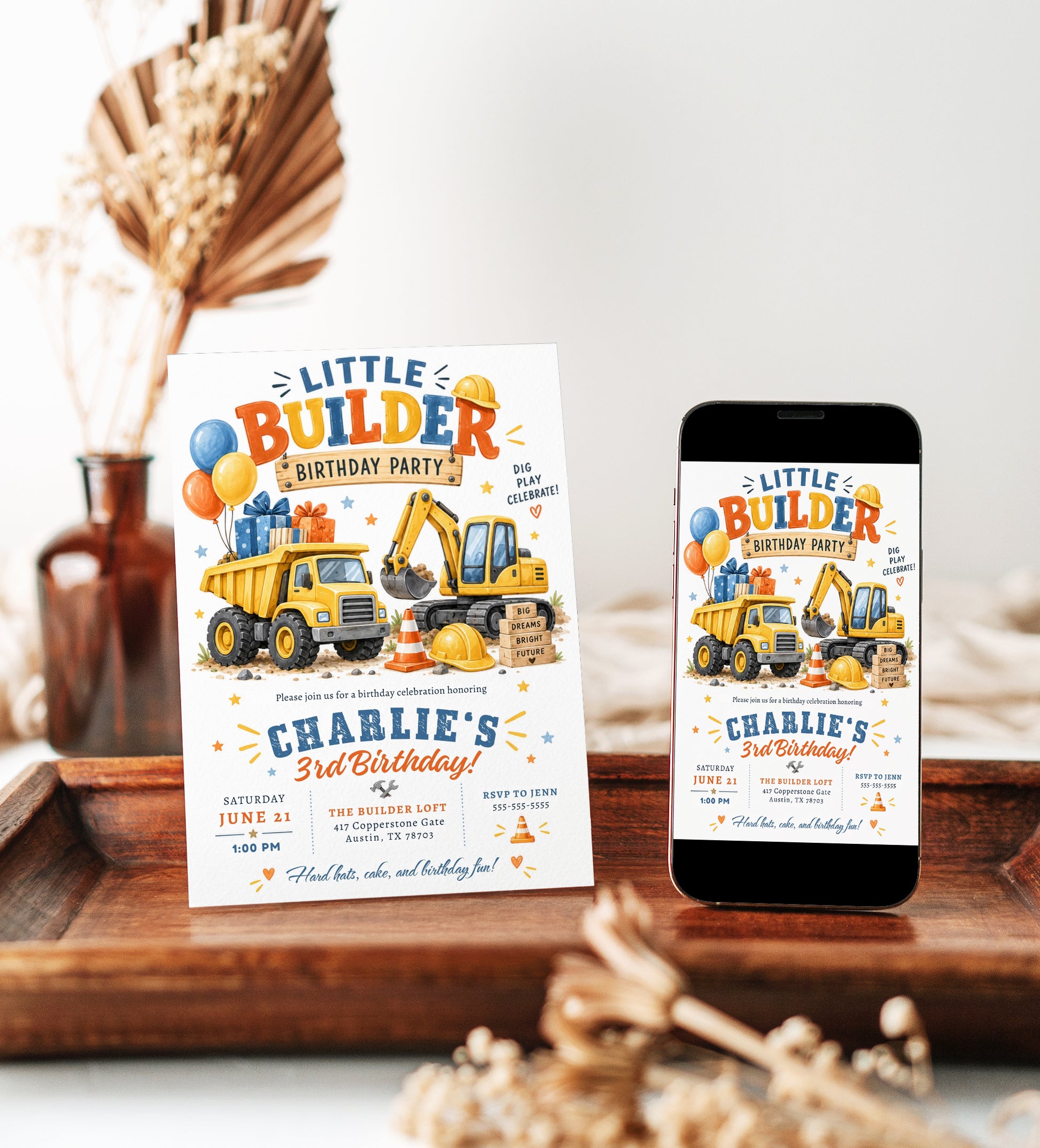 Construction birthday invitation with dump truck, excavator, hard hats, traffic cone, balloons, gifts, and colorful little builder third birthday party details