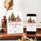 Christmas party invitation with three snow-dusted evergreen trees in wicker baskets, glowing string lights, red bows, gold bells, and a wooden sled carrying wrapped gifts