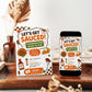 Thanksgiving party invitation with Let’s Get Sauced headline, cartoon turkey, pumpkin pie, gravy boat, sauce bottle, and orange and green fall details