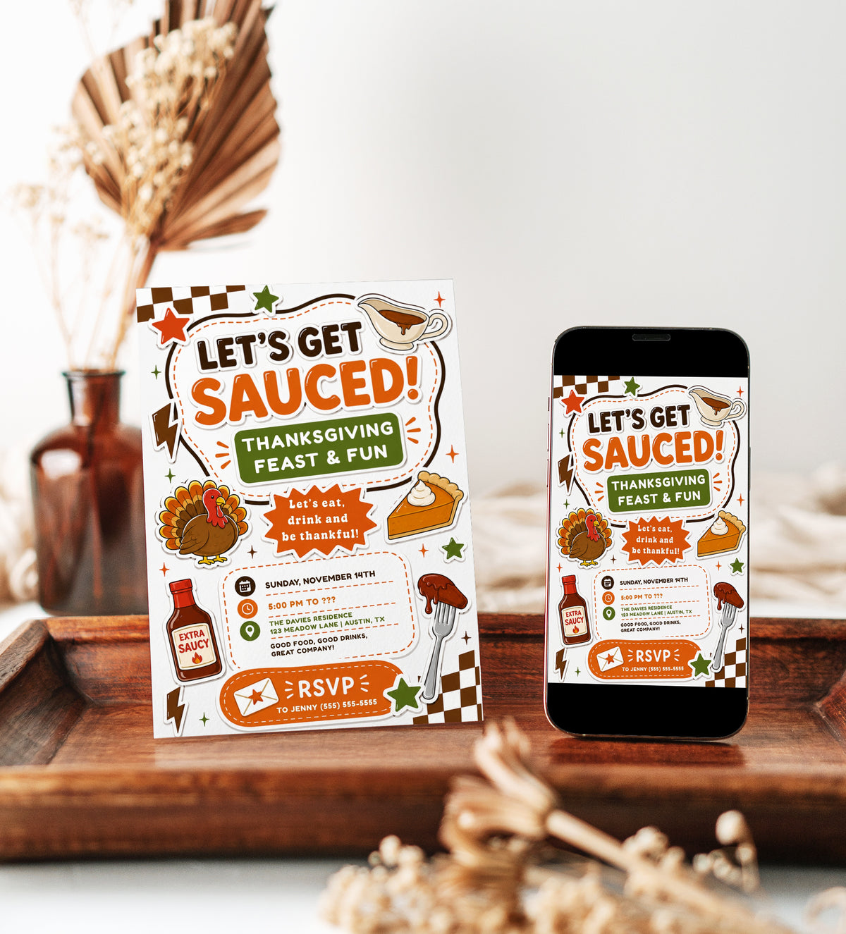 Thanksgiving party invitation with Let’s Get Sauced headline, cartoon turkey, pumpkin pie, gravy boat, sauce bottle, and orange and green fall details