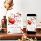 Apple of our eye birthday invitation with watercolor red apples, leafy branches, apple blossoms, hearts, elegant script lettering, and orchard birthday details