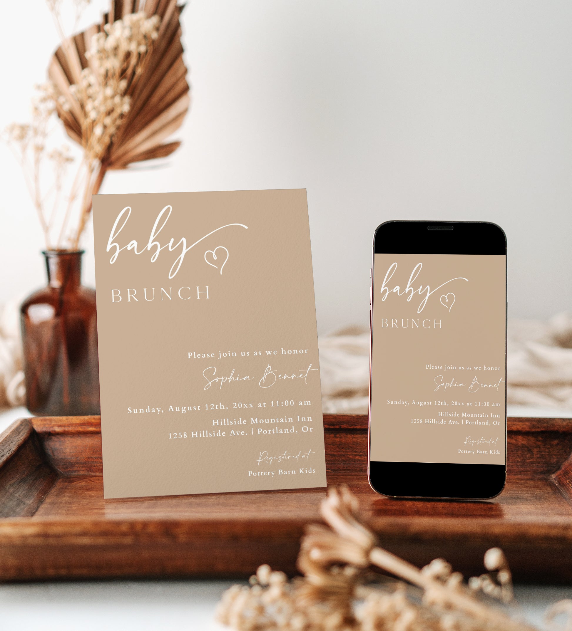 Minimalist baby brunch invitation template with warm beige background and white script typography, editable in Canva