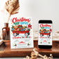 Christmas toy drive invitation with a red wagon filled with wrapped gifts, teddy bear, toy fire truck, colorful lights and festive holiday greenery