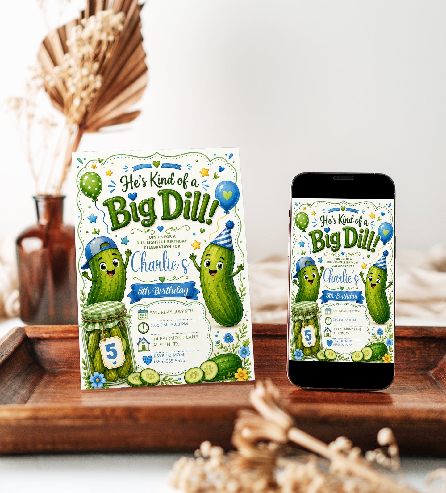 Boys Big Dill birthday invitation featuring cute pickle characters, pickle jar, balloons, party hat, blue and green details and sliced pickles.
