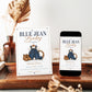 Blue jean baby shower invitation with denim overalls, brown boots, and a lasso in denim blue and caramel