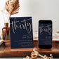 30th birthday invitation template with oversized gold calligraphy script on rich navy blue background, editable in Canva